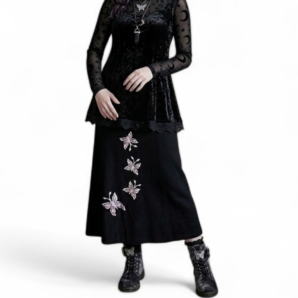 Vintage 90s Whimsygoth Butterfly Sequin Black Maxi Skirt